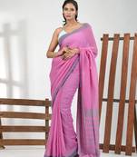 Pink cotton soft saree with solid pattern