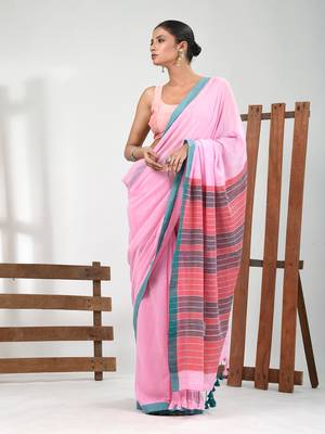 Pink cotton soft saree with solid pattern 1