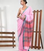 Pink cotton soft saree with solid pattern