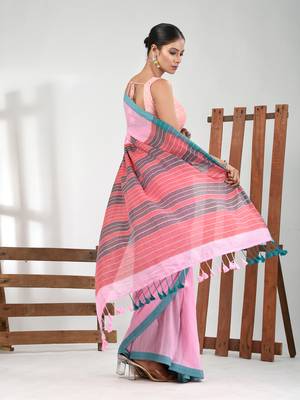 Pink cotton soft saree with solid pattern 2