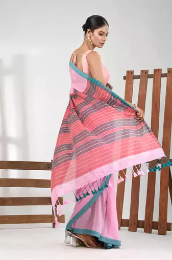 Pink cotton soft saree with solid pattern