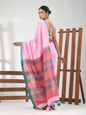 Pink cotton soft saree with solid pattern 3