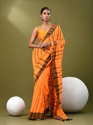 Orange cotton soft saree with stripe pattern 1