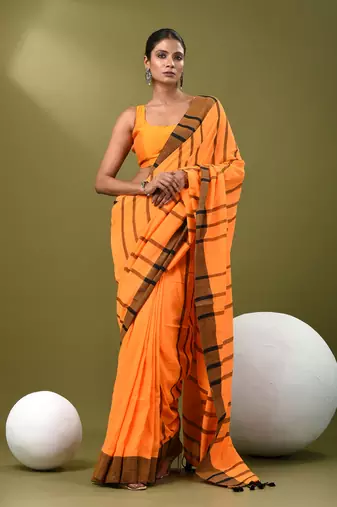 Orange cotton soft saree with stripe pattern