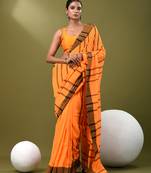 Orange cotton soft saree with stripe pattern