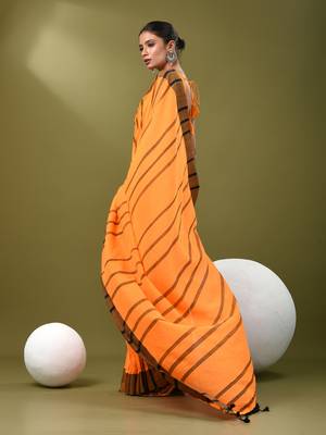 Orange cotton soft saree with stripe pattern 2