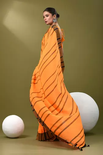 Orange cotton soft saree with stripe pattern