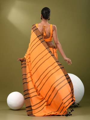 Orange cotton soft saree with stripe pattern 3