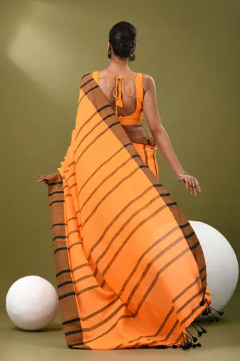 Orange cotton soft saree with stripe pattern