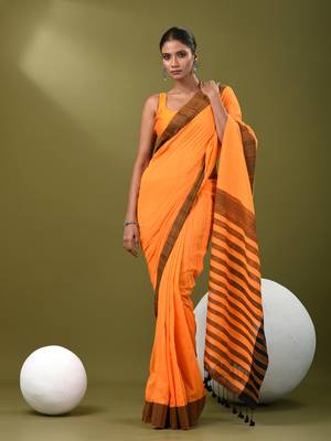 Orange cotton soft saree with solid pattern 1