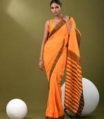 Orange cotton soft saree with solid pattern