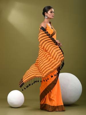 Orange cotton soft saree with solid pattern 2