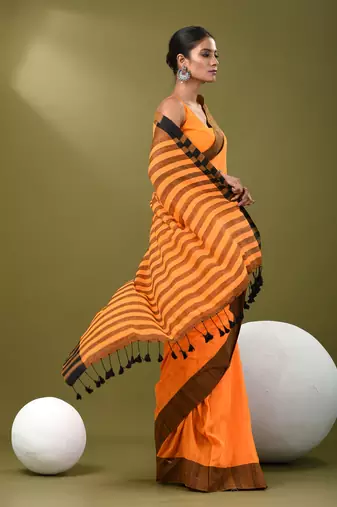Orange cotton soft saree with solid pattern