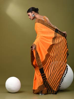 Orange cotton soft saree with solid pattern 3