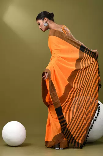 Orange cotton soft saree with solid pattern