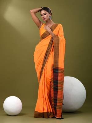 Orange cotton soft saree with solid pattern 1