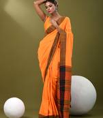 Orange cotton soft saree with solid pattern