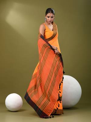 Orange cotton soft saree with solid pattern 2