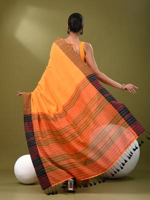 Orange cotton soft saree with solid pattern 3