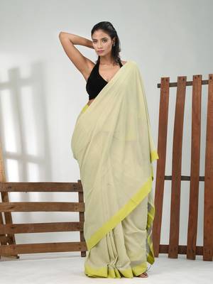 Tea green cotton soft saree with solid pattern 1