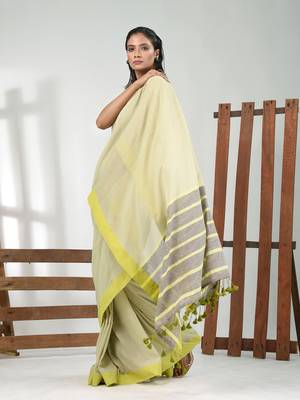 Tea green cotton soft saree with solid pattern 2