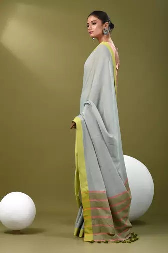 Ice blue cotton soft saree with solid pattern