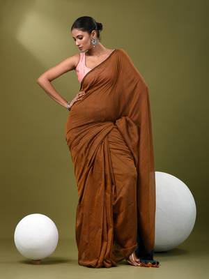 Sepia brown cotton soft saree with solid pattern 1