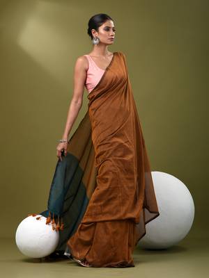 Sepia brown cotton soft saree with solid pattern 2