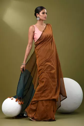 Sepia brown cotton soft saree with solid pattern