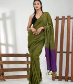 Moss green cotton soft saree with solid pattern