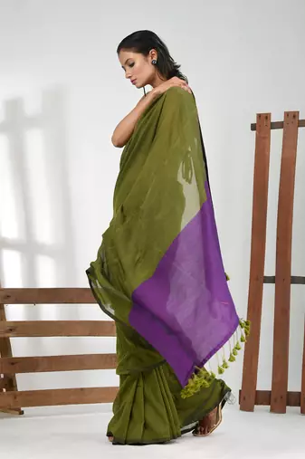 Moss green cotton soft saree with solid pattern