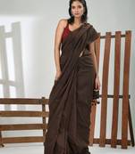 Chocolate brown cotton soft saree with solid pattern
