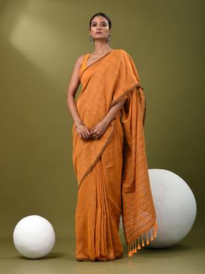 Mustard cotton soft saree with stripe pattern 1