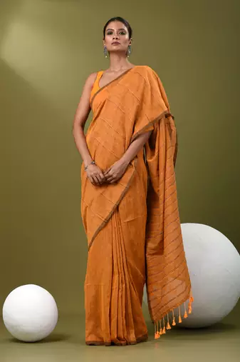 Mustard cotton soft saree with stripe pattern