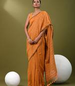 Mustard cotton soft saree with stripe pattern