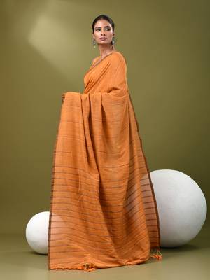Mustard cotton soft saree with stripe pattern 2