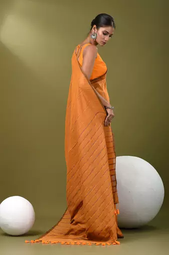Mustard cotton soft saree with stripe pattern