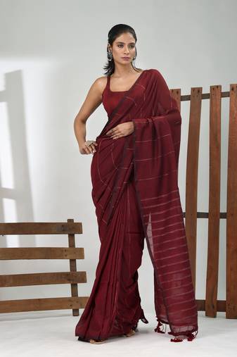 Maroon cotton soft saree with stripe pattern