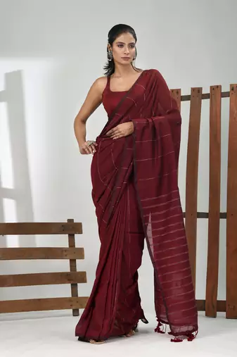 Maroon cotton soft saree with stripe pattern