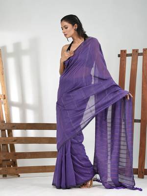 Violet cotton soft saree with stripe pattern 1