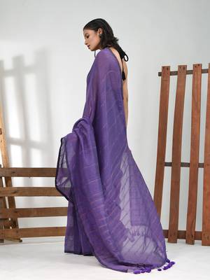 Violet cotton soft saree with stripe pattern 2