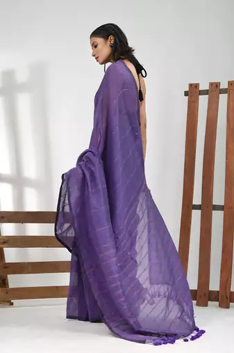 Violet cotton soft saree with stripe pattern
