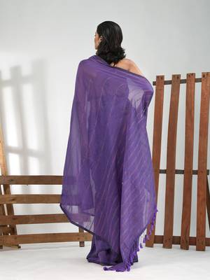 Violet cotton soft saree with stripe pattern 3