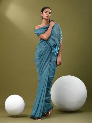 Sky blue cotton soft saree with stripe pattern 1