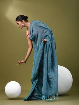 Sky blue cotton soft saree with stripe pattern 2