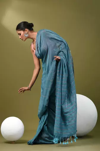 Sky blue cotton soft saree with stripe pattern