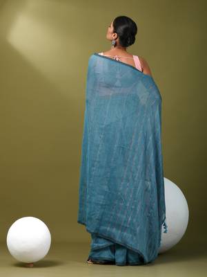 Sky blue cotton soft saree with stripe pattern 3