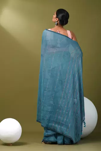 Sky blue cotton soft saree with stripe pattern