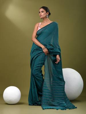 Teal cotton soft saree with stripe pattern 1