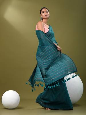 Teal cotton soft saree with stripe pattern 2